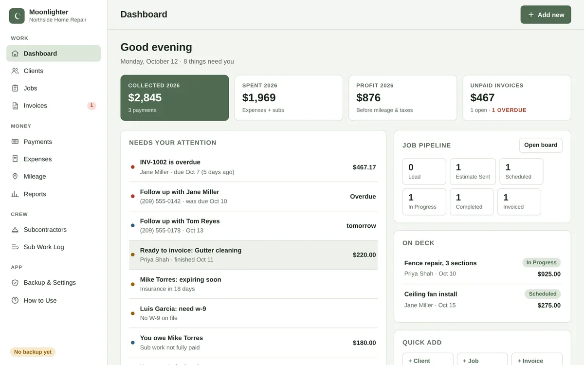 Moonlighter dashboard showing money collected, unpaid invoices, follow-ups and the job pipeline